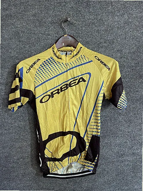 Orbea Cycling Jersey Mens Medium Yellow Full Zip Short Sleeve Pockets Bike